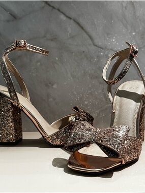 Sparkling Rose Gold Glitter Bow Block Heel Sandals - Women